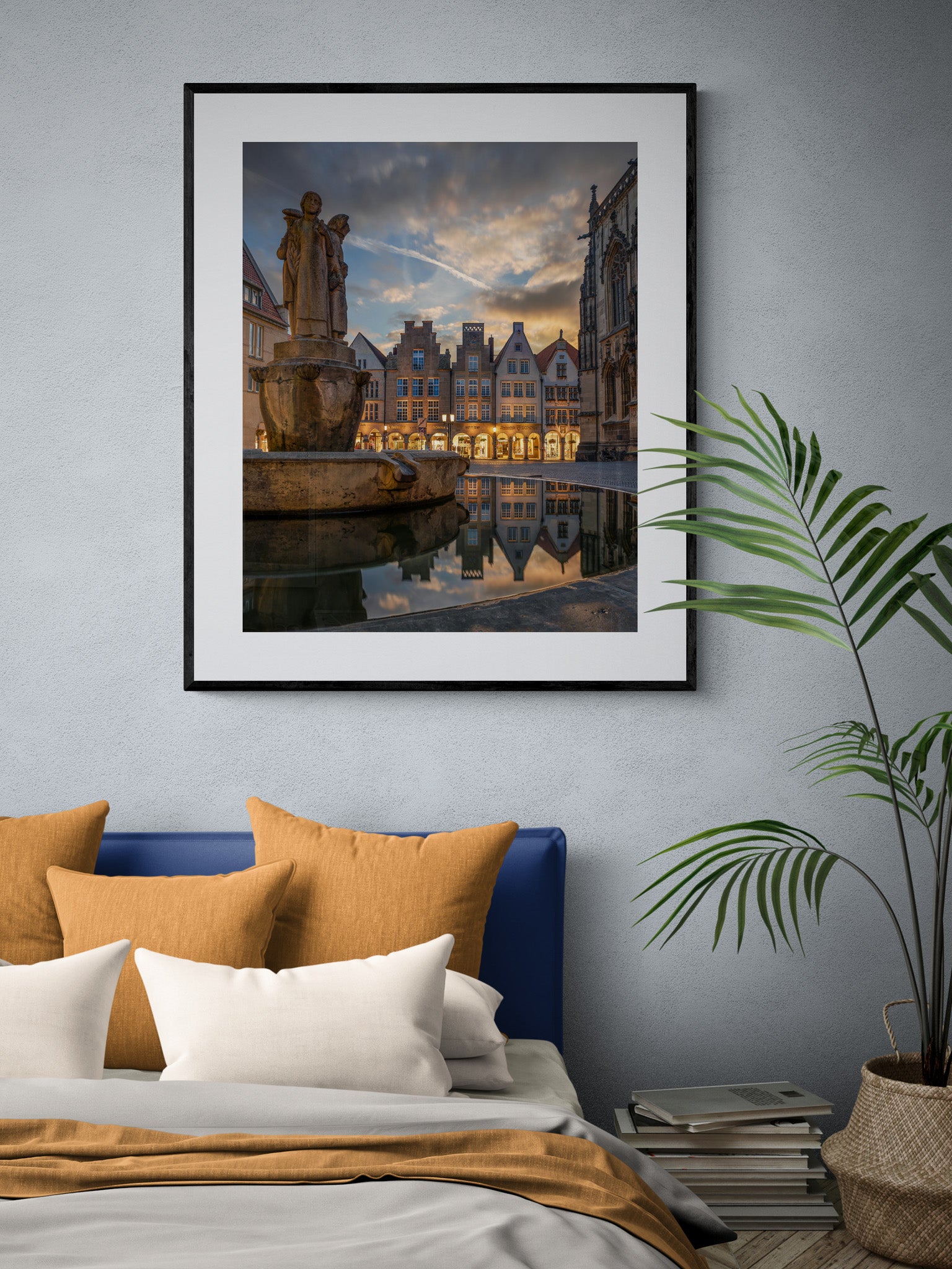 Image Title: Well, it's Münster!  Photographer: Marcus Danz Location: Münster, Germany Image description: Münster's ”Prinzipalmarkt“ is reflected in the water of a fountain during sunset. High quality Fine Art print up to 36 inch / around 90 centimeters on Hahnemühle paper available. Large variant in bedroom.