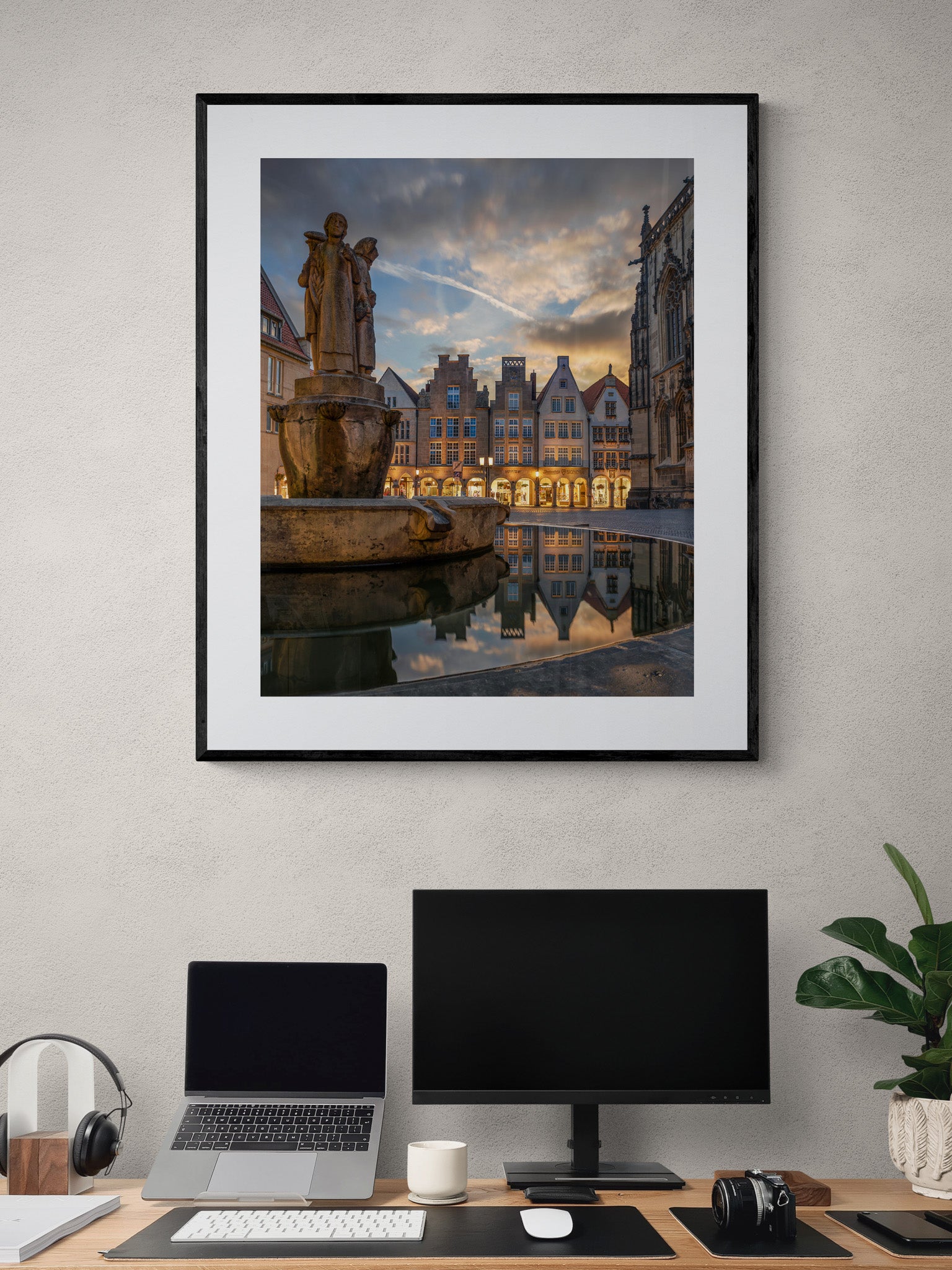 Image Title: Well, it's Münster!  Photographer: Marcus Danz Location: Münster, Germany Image description: Münster's ”Prinzipalmarkt“ is reflected in the water of a fountain during sunset. High quality Fine Art print up to 36 inch / around 90 centimeters on Hahnemühle paper available. Large variant over computer desk.